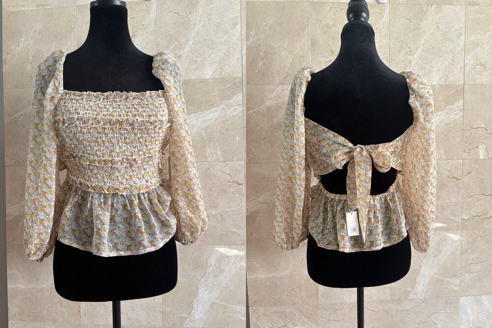 ASTR Smocked Tie-Back Peasant Top — S Orange Purple Puff-Sleeve Cottage Boho